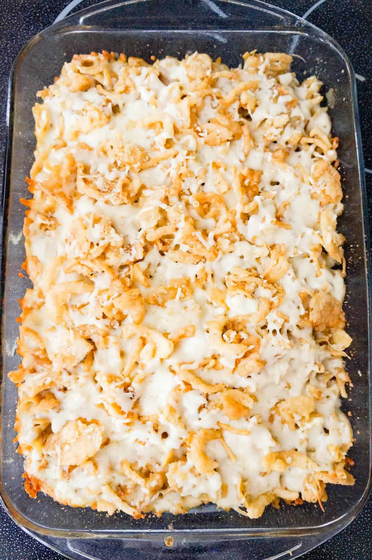 French onion chicken casserole after removing foil