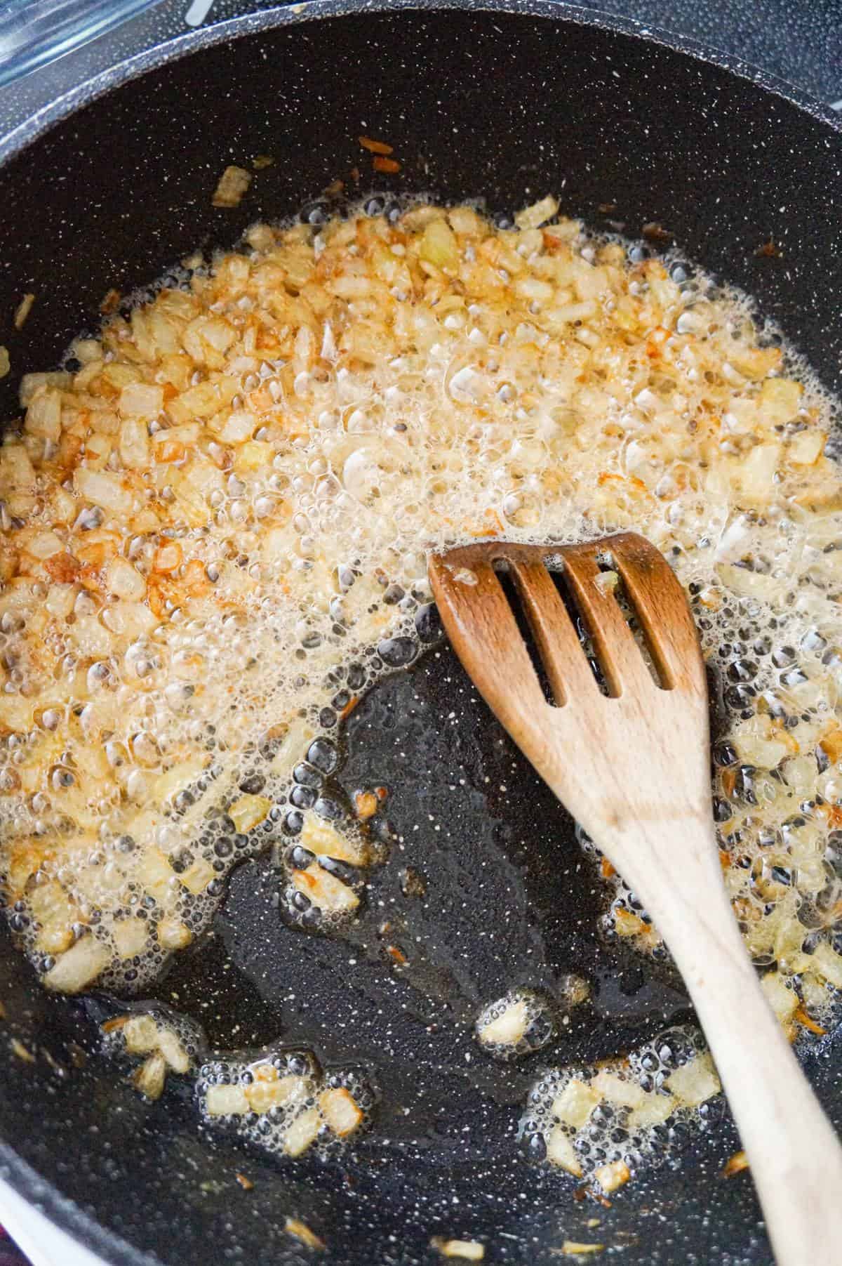 caramelized diced onions in a large pot