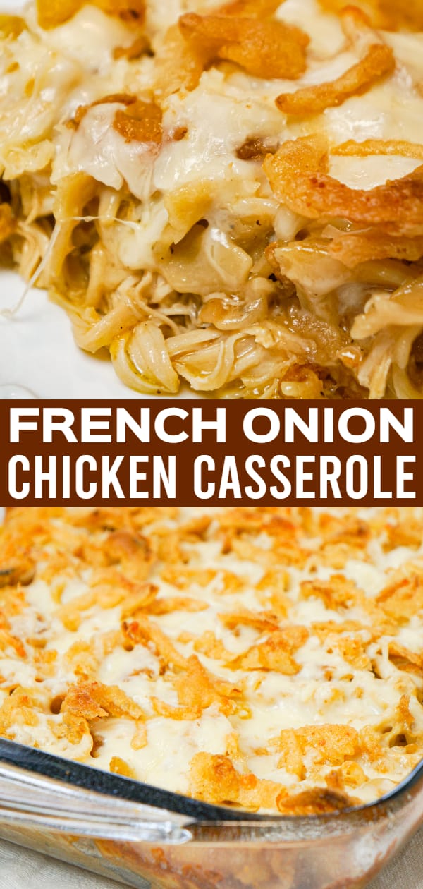 French Onion Chicken Casserole is a hearty casserole recipe loaded with shredded chicken, egg noodles, onion soup mix, cream of chicken soup, mozzarella cheese, parmesan cheese and French's crispy fried onions.