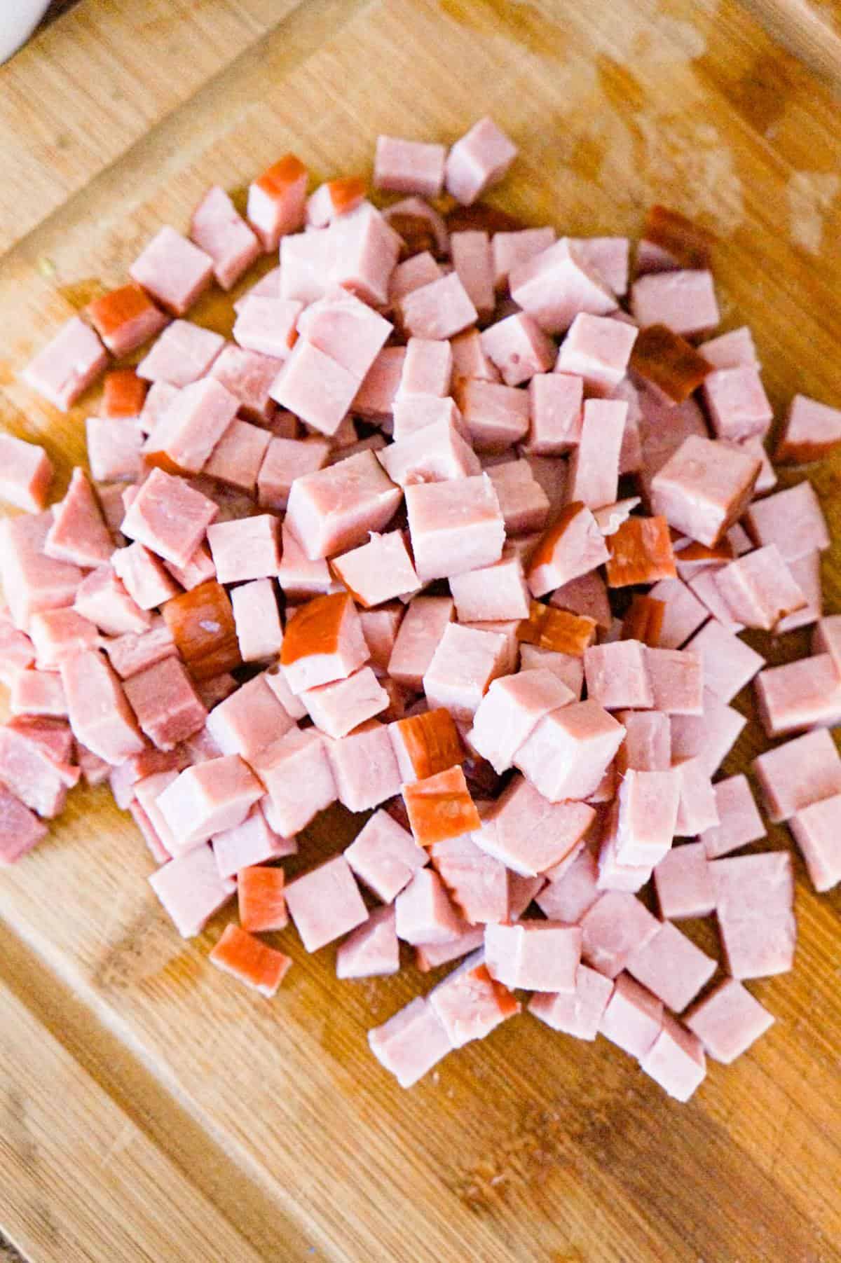 diced ham on a cutting board