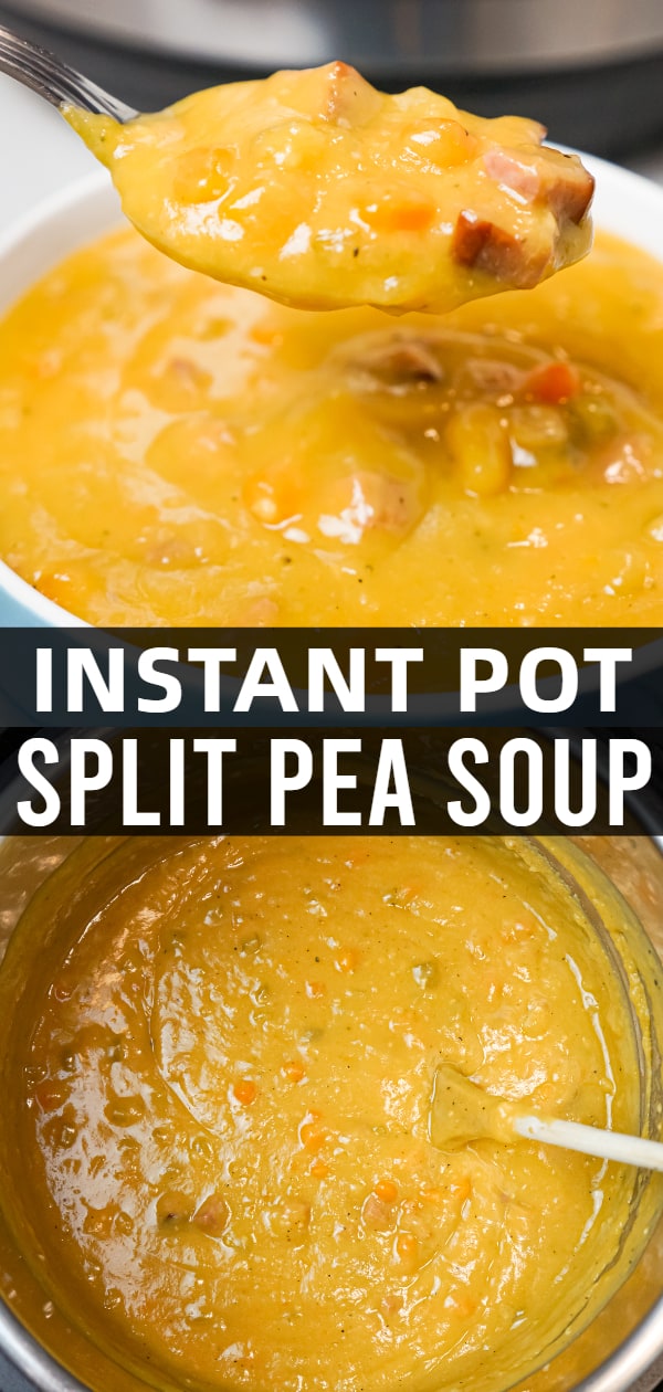Instant Pot Split Pea Soup is a hearty pressure cooker soup recipe made with yellow split peas and loaded with diced ham, carrots and celery.