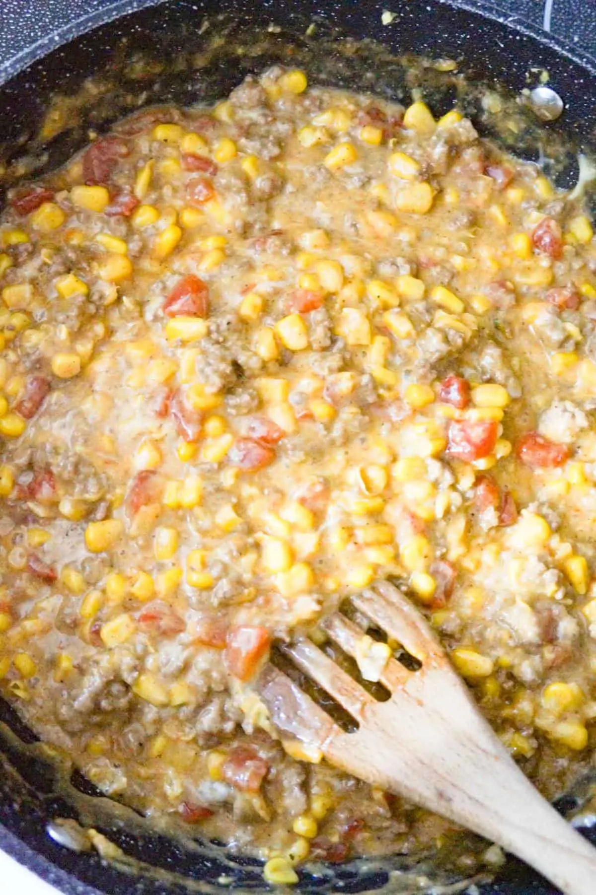 cheesy ground beef mixture in a saute pan