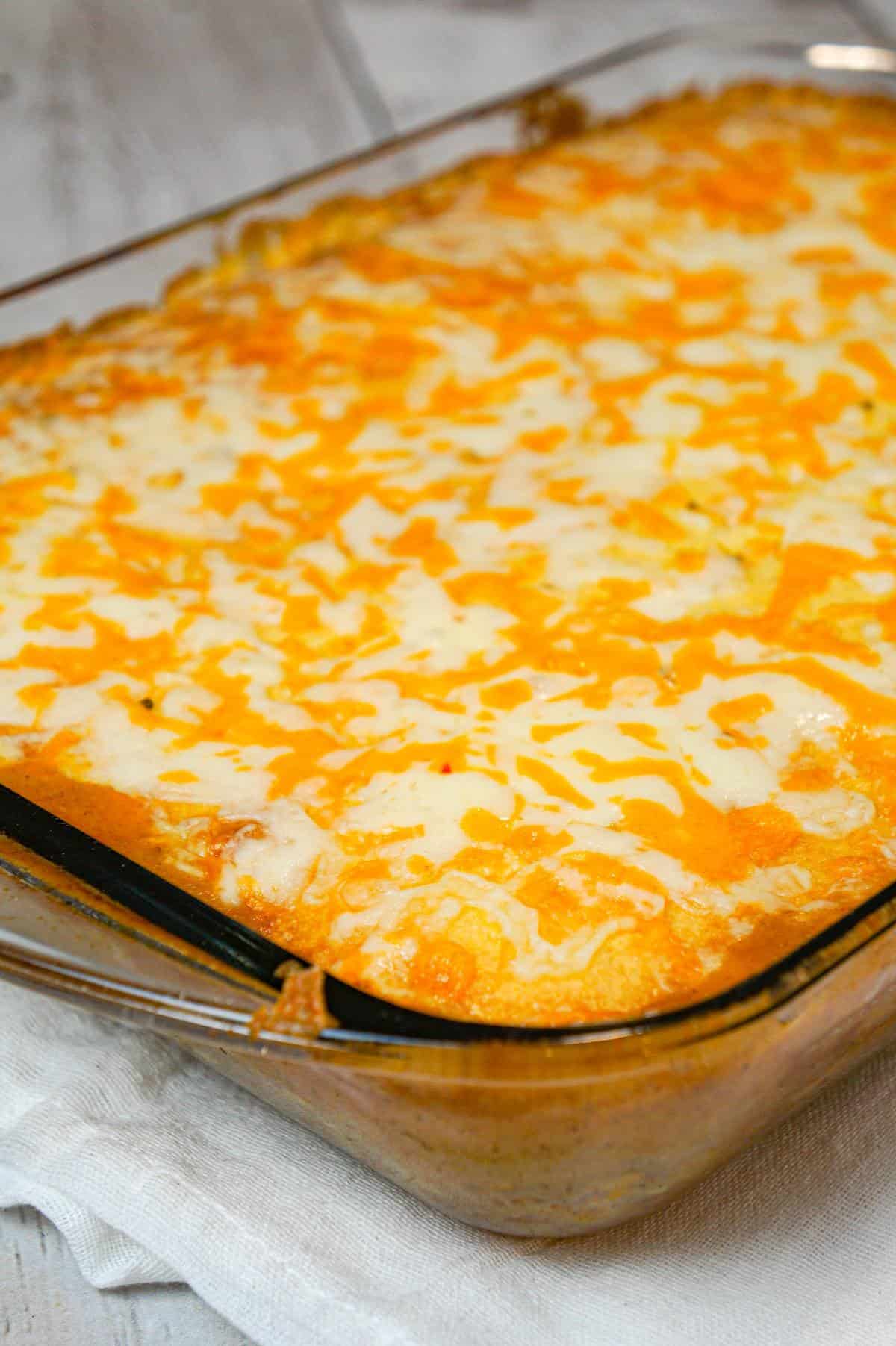 Mexican Cornbread Casserole is an easy ground beef dinner recipe loaded with corn, Rotel diced tomatoes and green chilies, taco seasoning and shredded cheese all topped with Jiffy cornbread.