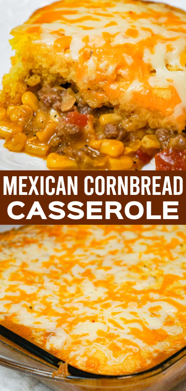 Mexican Cornbread Casserole is an easy ground beef dinner recipe loaded with corn, Rotel diced tomatoes and green chilies, taco seasoning and shredded cheese all topped with Jiffy cornbread.