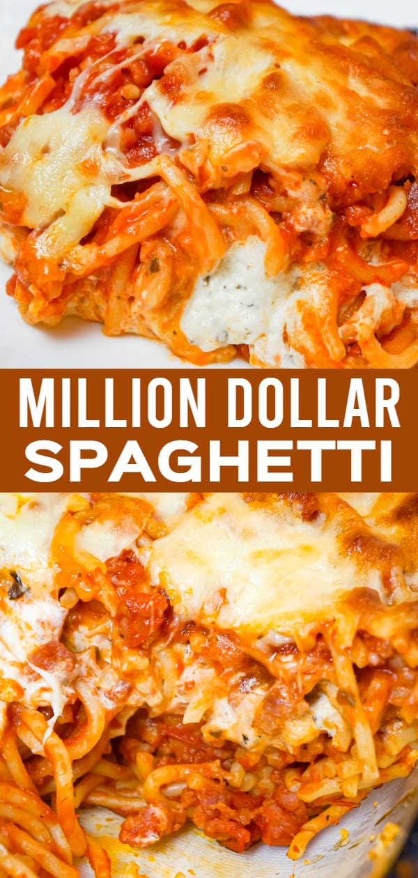 Million Dollar Spaghetti is a delicious baked spaghetti recipe loaded with Italian sausage, cream cheese, sour cream and a blend of shredded Italian cheeses.