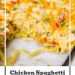 Chicken Spaghetti with Rotel is a delicious baked spaghetti recipe with a creamy sauce loaded with shredded chicken, Rotel diced tomatoes and green chilies, shredded cheese and chopped green onions.