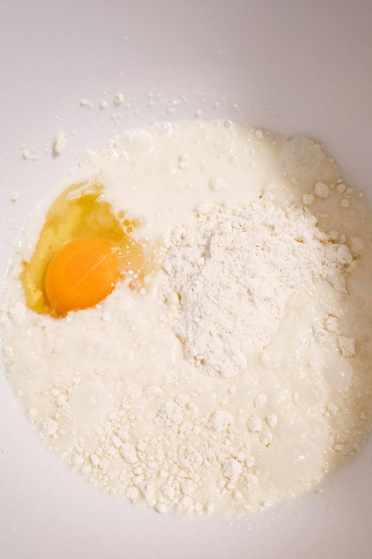 Bisquick mix, milk and an egg in a mixing bowl