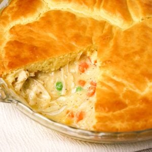 Chicken Pot Pie with Bisquick is an easy dinner recipe using precooked chicken, frozen mixed veggies and cream of chicken soup all topped with Bisquick.