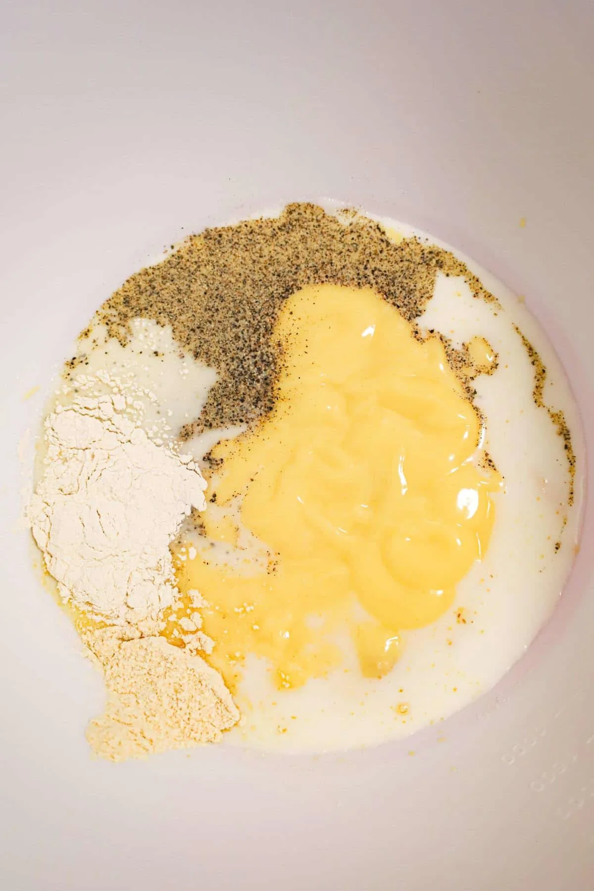 spices, crema of chicken soup and milk in a mixing bowl