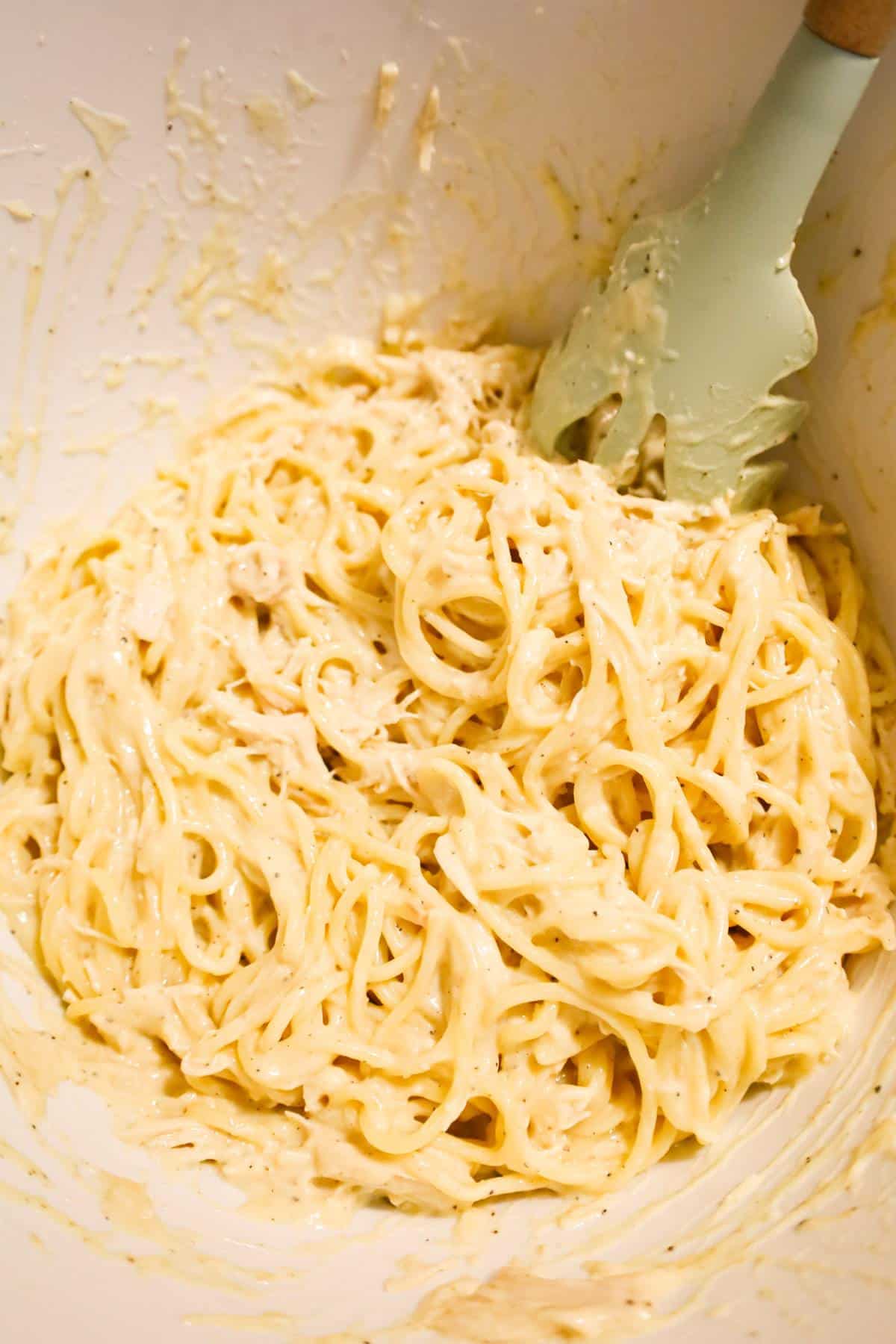 spaghetti with chicken in a creamy sauce in a mixing bowl