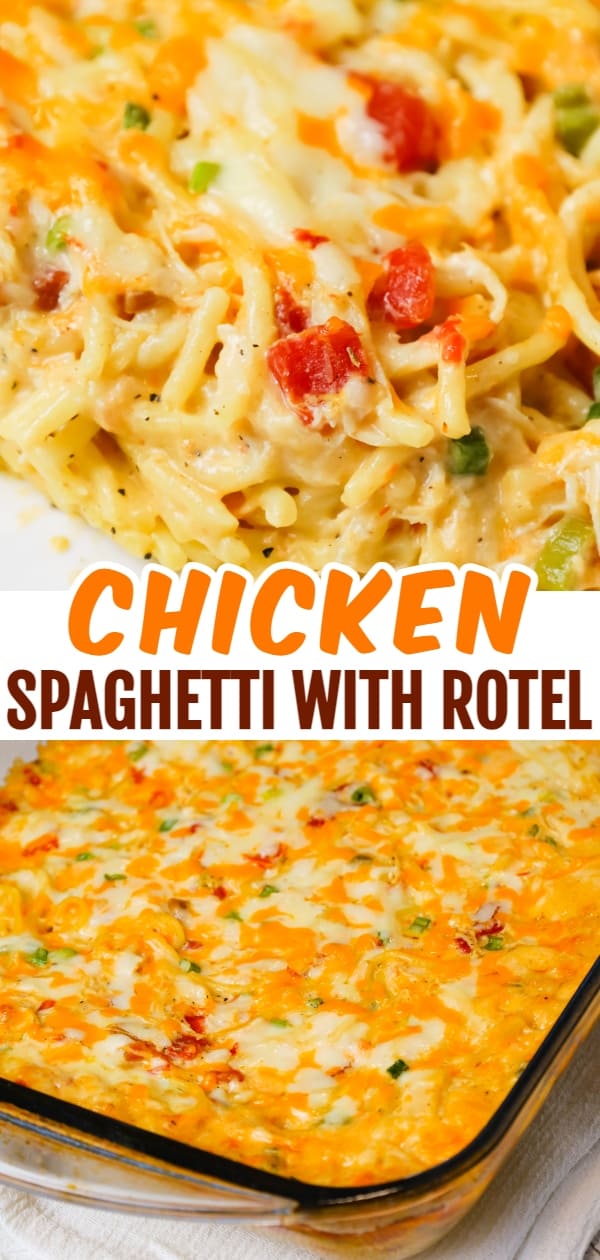 Chicken Spaghetti with Rotel is a delicious baked spaghetti recipe with a creamy sauce loaded with shredded chicken, Rotel diced tomatoes and green chilies, shredded cheese and chopped green onions.