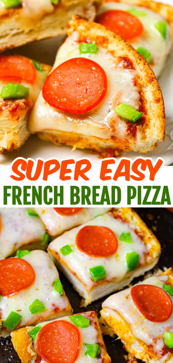 French Bread Pizza is an easy dinner or party snack recipe made with a large loaf of French or Italian bread toasted with garlic butter and topped with pizza sauce, cheese, pepperoni and green peppers.