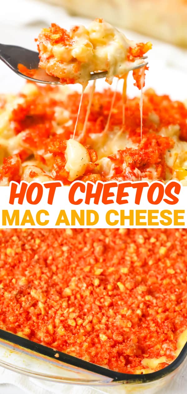 Hot Cheetos Mac and Cheese is a delicious baked pasta recipe loaded with shredded cheddar, mozzarella, banana pepper rings and topped with crumbled Flamin' Hot Cheetos.