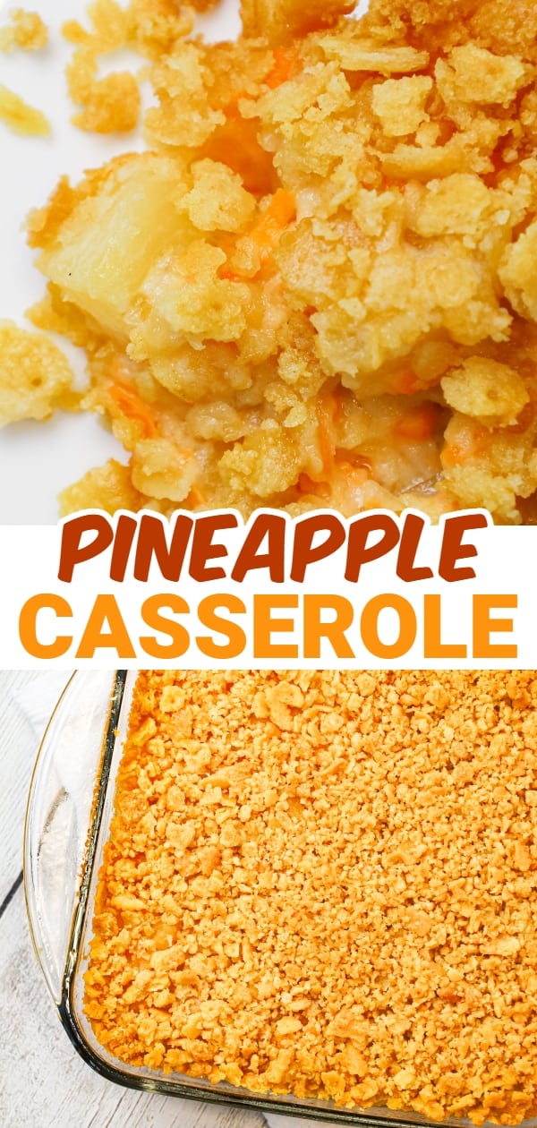 Pineapple Casserole is a sweet and savoury side dish recipe loaded with pineapple chunks, cheddar cheese and Ritz cracker crumbs.