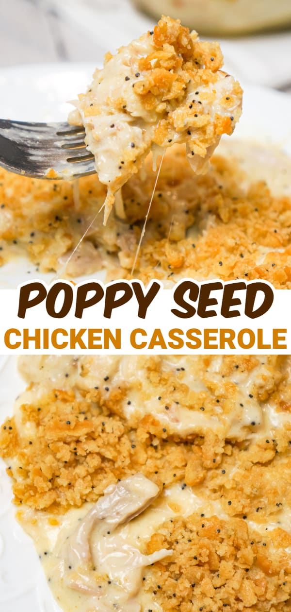 Poppy Seed Chicken Casserole is an easy dinner recipe loaded with shredded chicken, cream of chicken soup, shredded cheese and poppy seeds and topped with crumbled Ritz crackers.