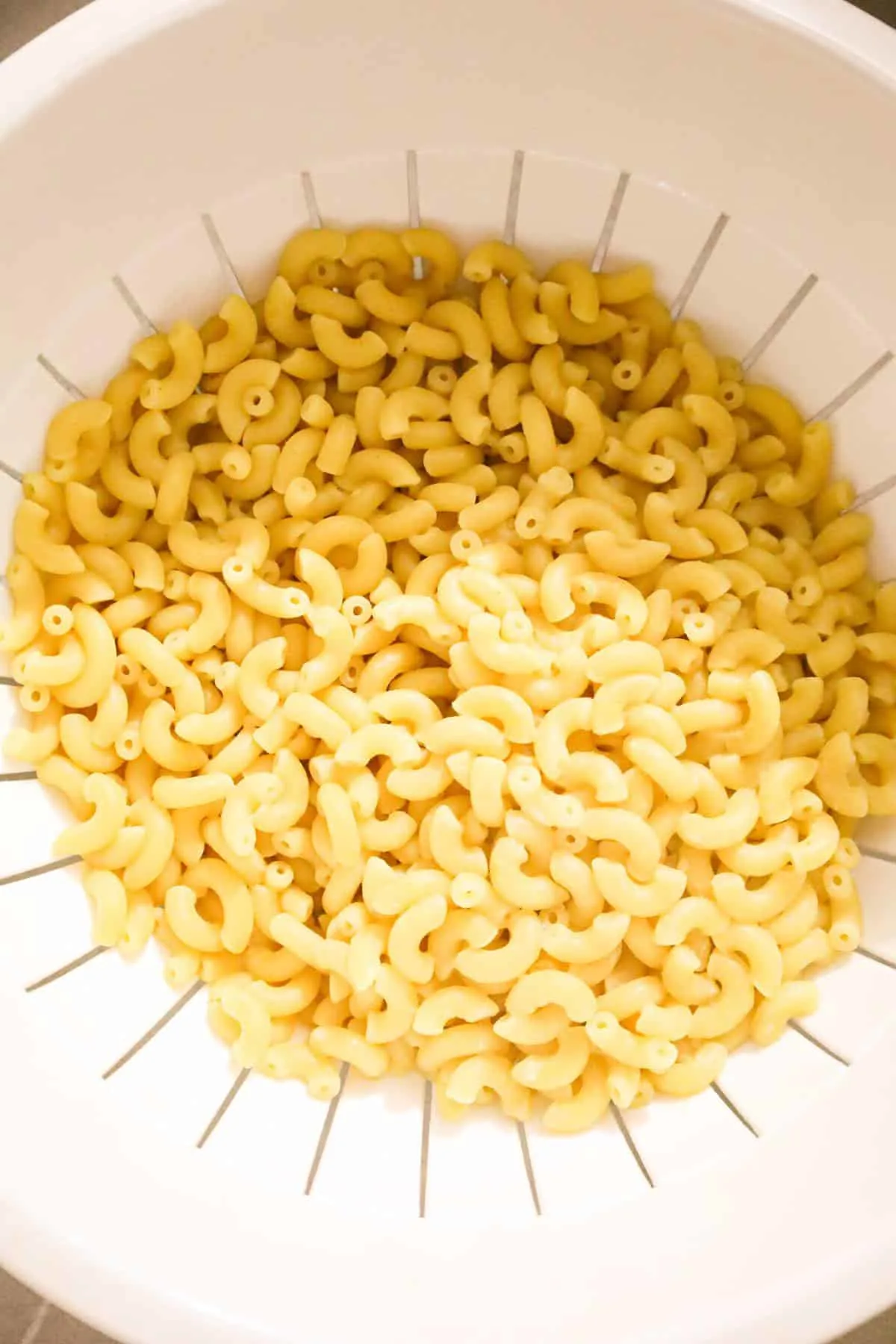 cooked macaroni noodles in a colander