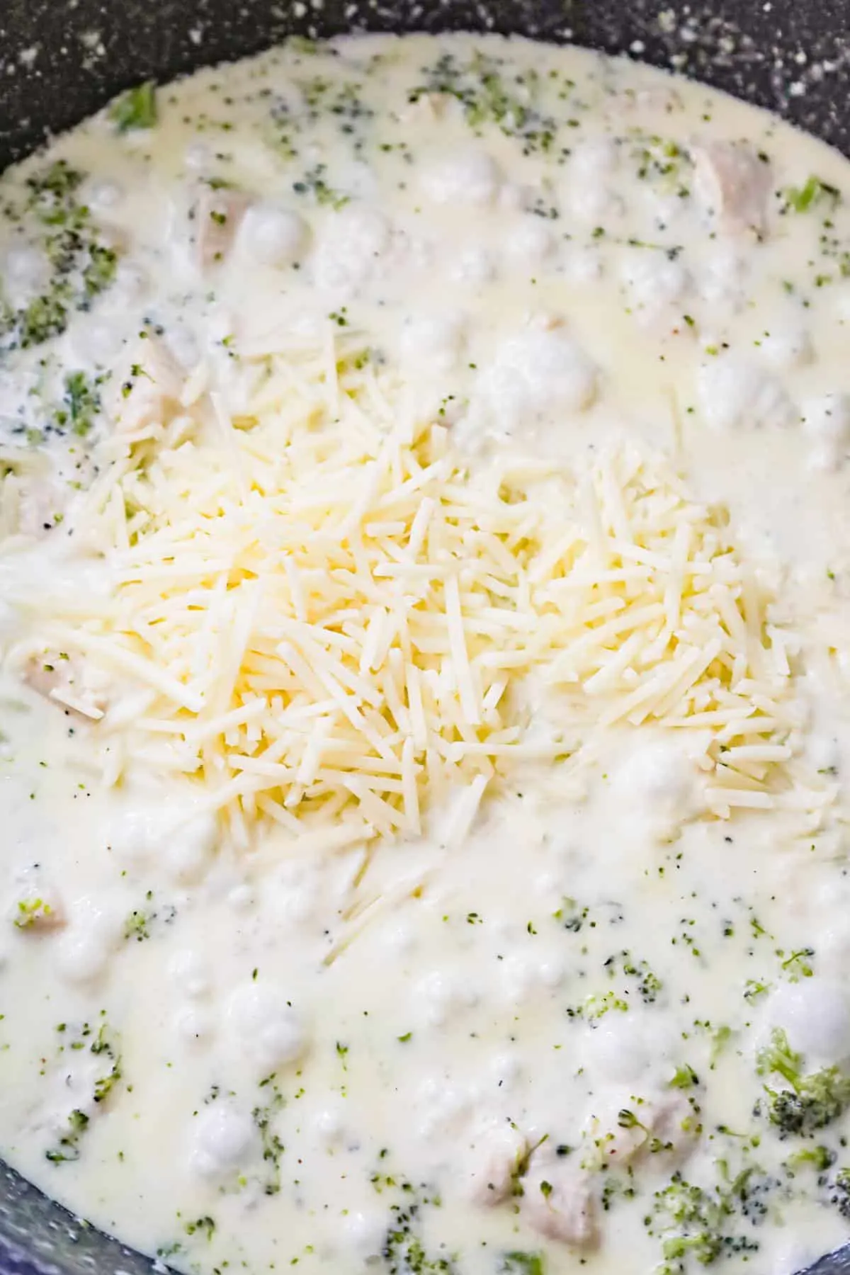 shredded parmesan cheese on top of a creamy broccoli alfredo sauce