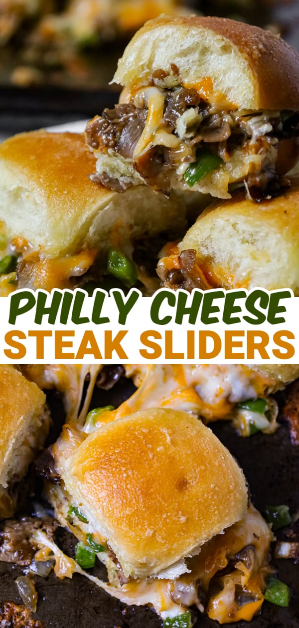 Philly Cheese Steak Sliders are delicious mini sandwiches loaded with chopped roast beef, green peppers, onions and shredded cheese.