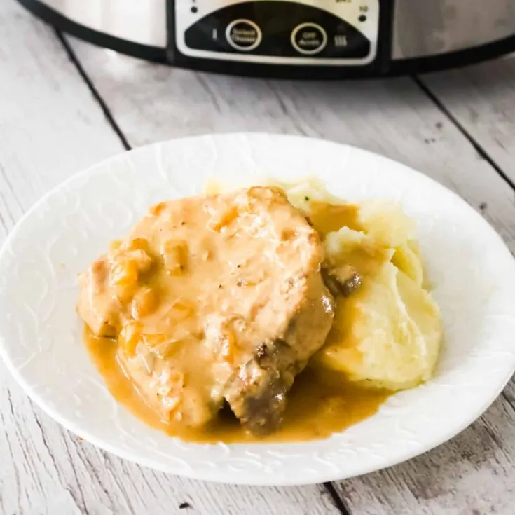Crock Pot Pork Chops are a delicious slow cooker dinner recipe with bone in pork chops cooked in a creamy mushroom gravy.