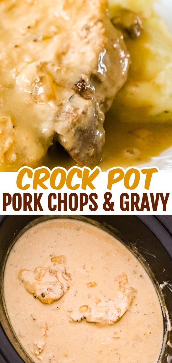 Crock Pot Pork Chops are a delicious slow cooker dinner recipe with bone in pork chops cooked in a creamy mushroom gravy.