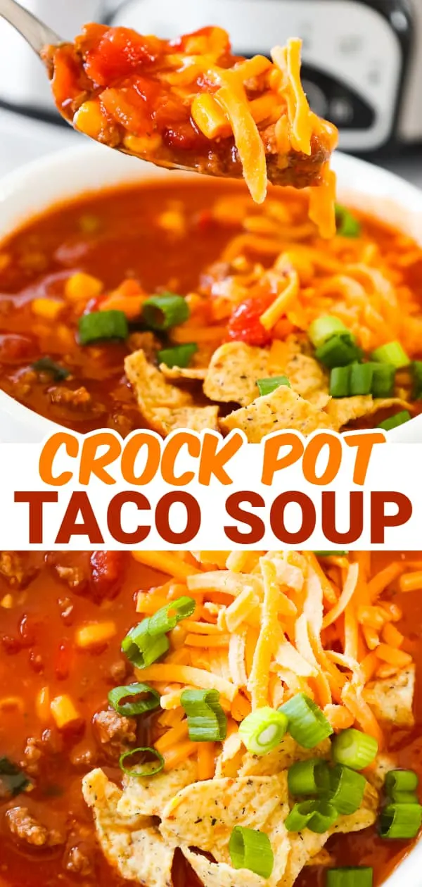 Crock Pot Taco Soup is an easy slow cooker soup recipe loaded with ground beef, Rotel diced tomatoes and green chilies, corn and chopped green onions.