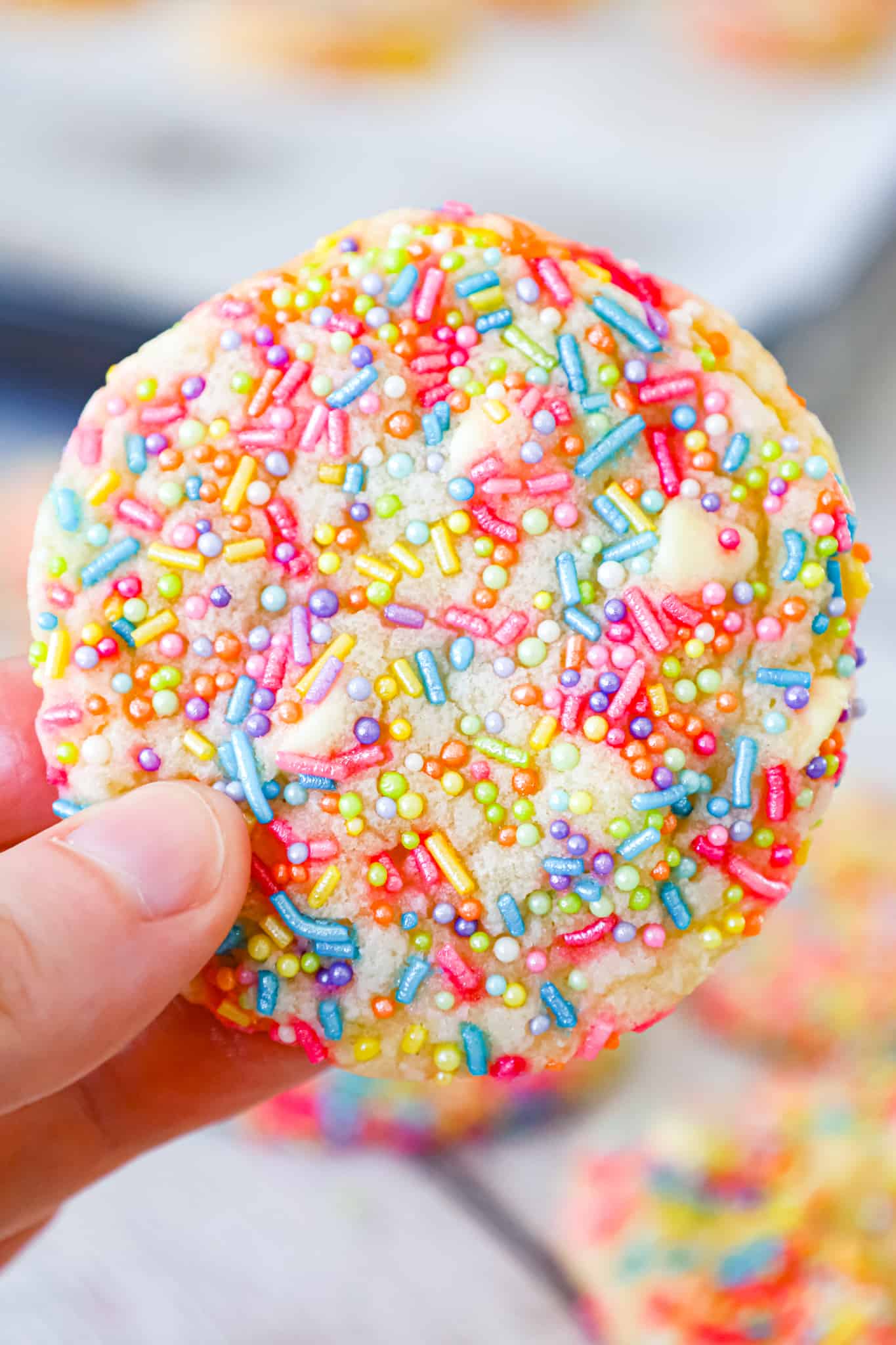 Funfetti Cookies are delicious soft and chewy cookies loaded with white chocolate chips and tons of colourful sprinkles.