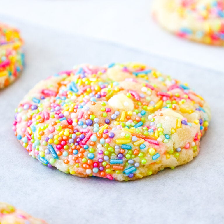 Funfetti Cookies are delicious soft and chewy cookies loaded with white chocolate chips and tons of colourful sprinkles.
