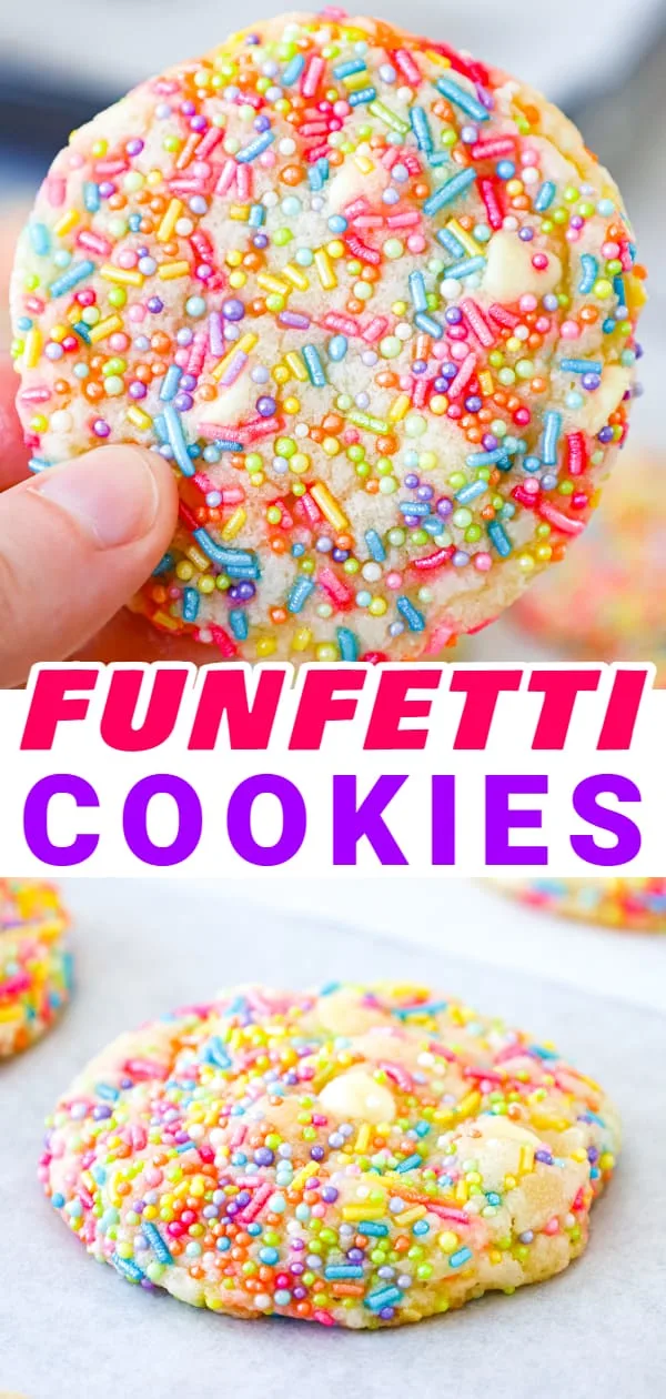 Funfetti Cookies are delicious soft and chewy cookies loaded with white chocolate chips and tons of colourful sprinkles.