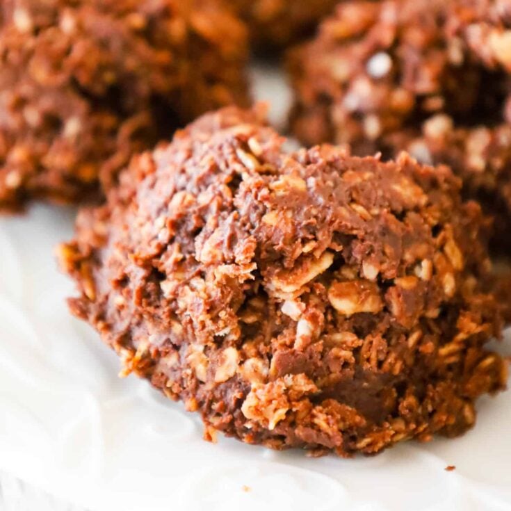 Haystack Cookies are easy no bake cookies loaded with quick oats, shredded coconut, melted chocolate and peanut butter.