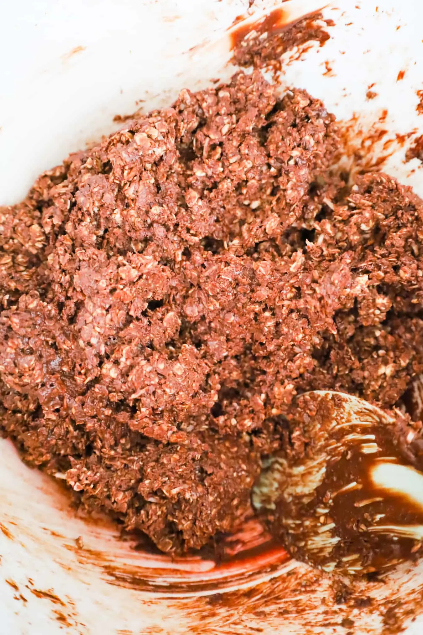 chocolate oat mixture in a mixing bowl