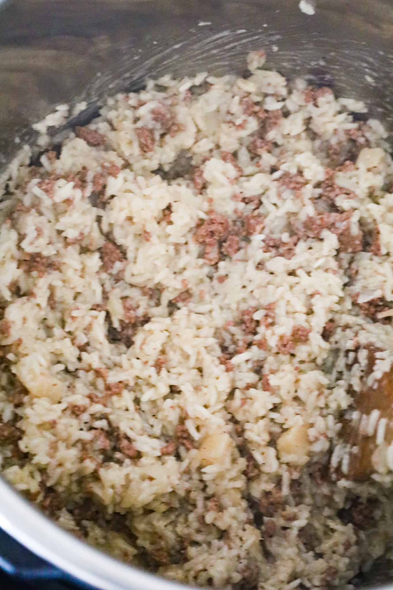 cooked ground beef and rice in an Instant Pot