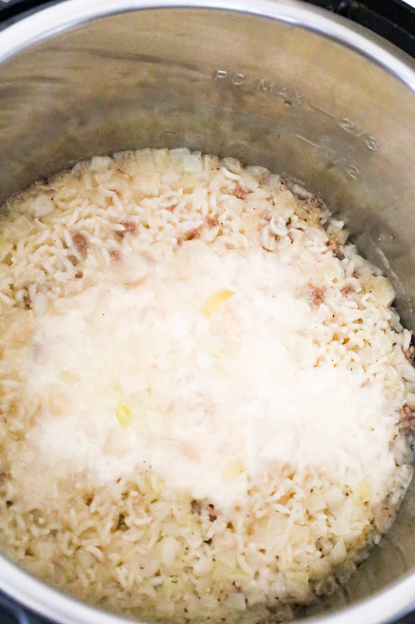 ground beef and rice after pressure cooking in an Instant Pot