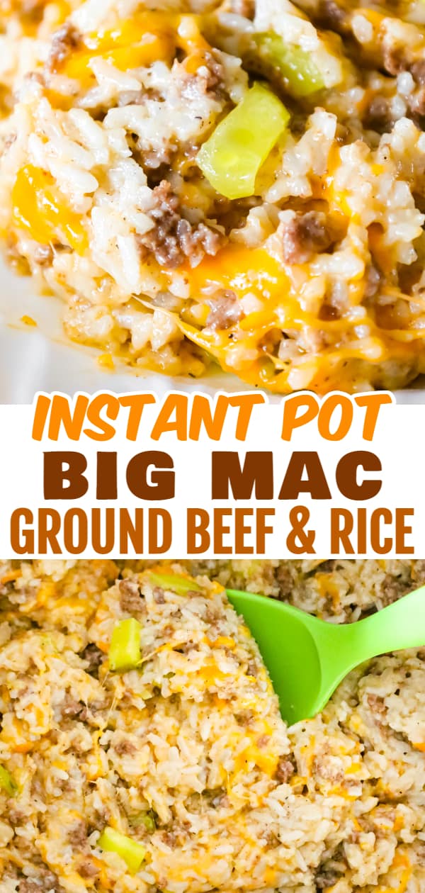 Instant Pot Big Mac Ground Beef and Rice is an easy pressure cooker dinner recipe made with long grain white rice and loaded with crumbled ground beef, diced dill pickles, mayo, Thousand Island dressing and shredded cheddar cheese.