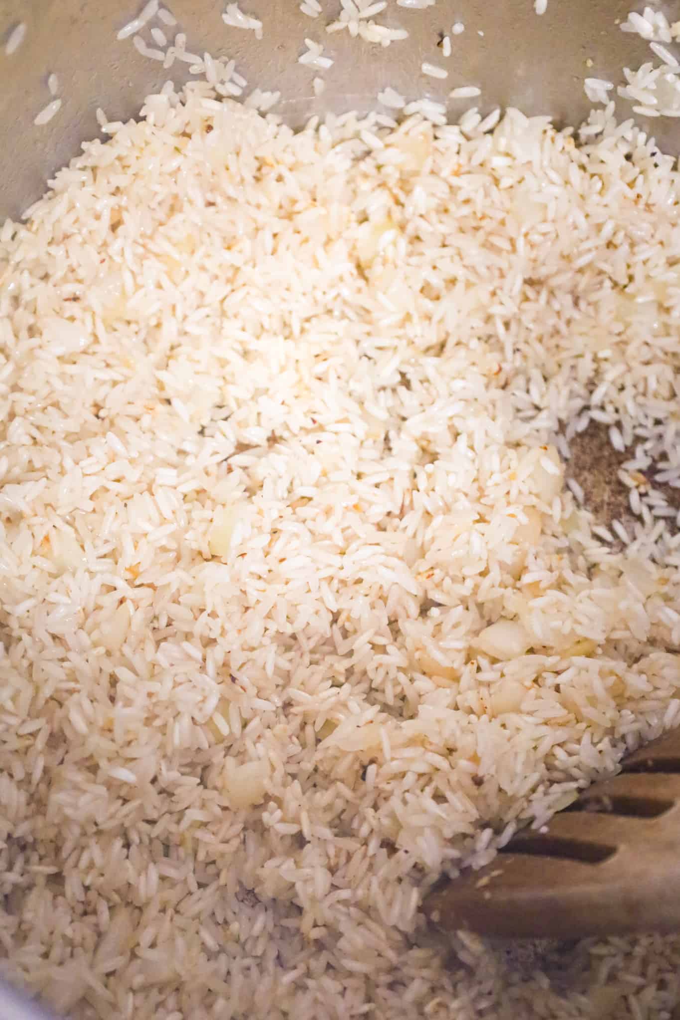 long grain white rice frying in an Instant Pot