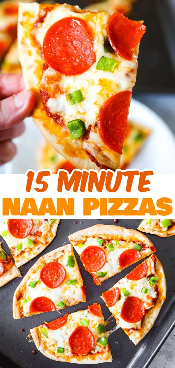 Naan Pizza is an easy dinner recipe using store bought naan bread topped with pizza sauce, shredded mozzarella cheese, sliced pepperoni and diced green peppers.