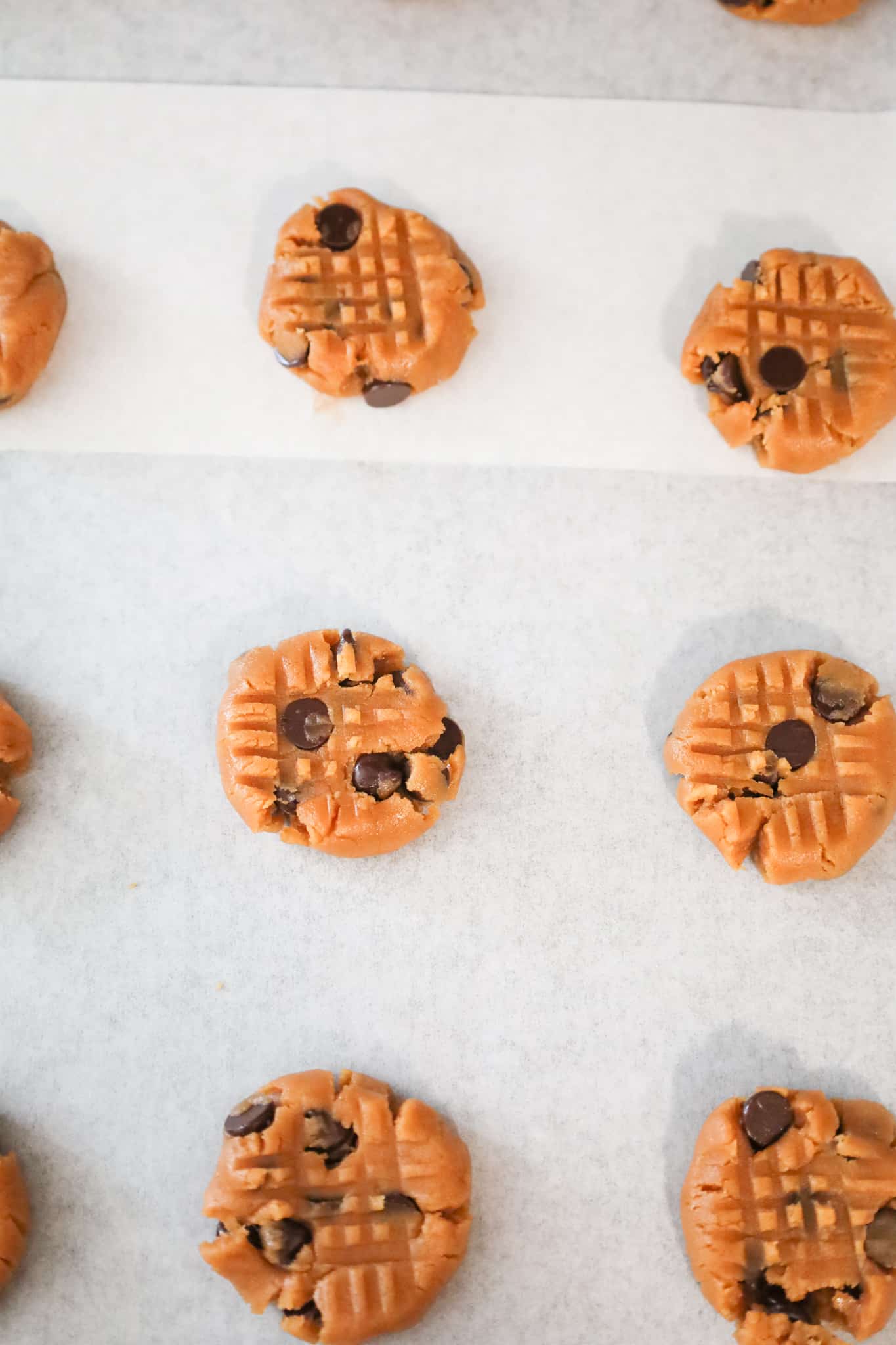 peanut butter chocolate chip cookies on a pan before baking