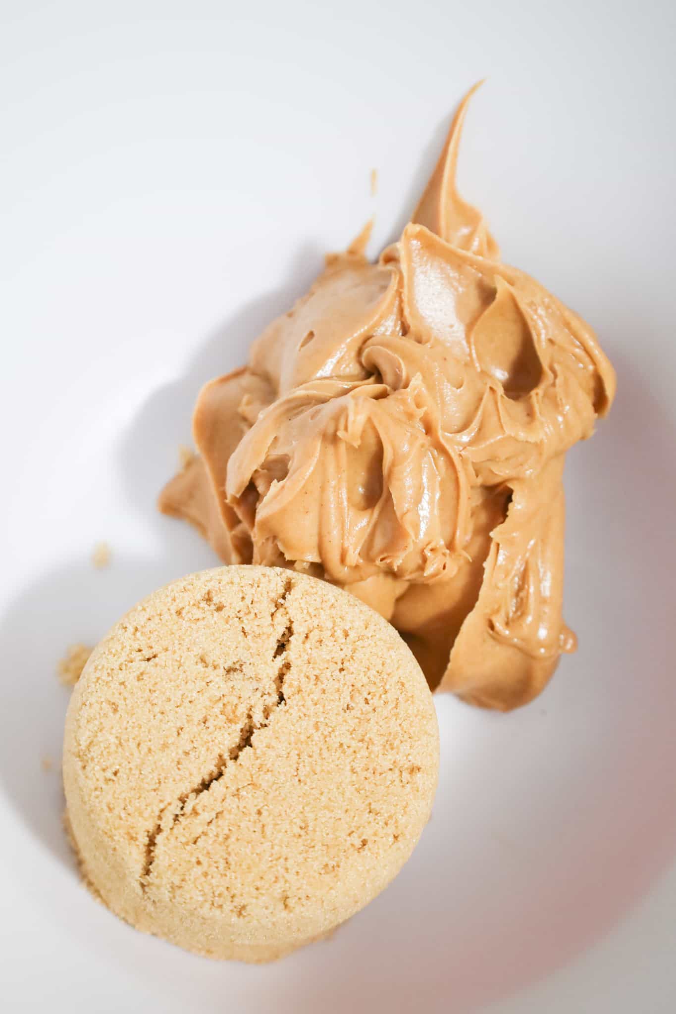 smooth peanut butter and brown sugar in a mixing bowl