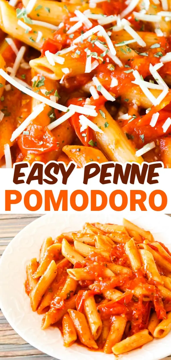 Penne Pomodoro is a delicious pasta recipe with a sauce made from fresh cherry tomatoes and basil pesto.