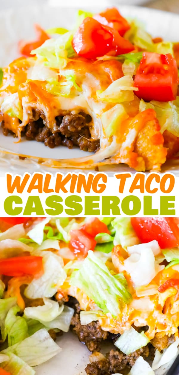 Walking Taco Casserole is an easy ground beef dinner recipe loaded with diced onions, Fritos corn chips, shredded nacho cheese blend, lettuce and diced tomatoes.