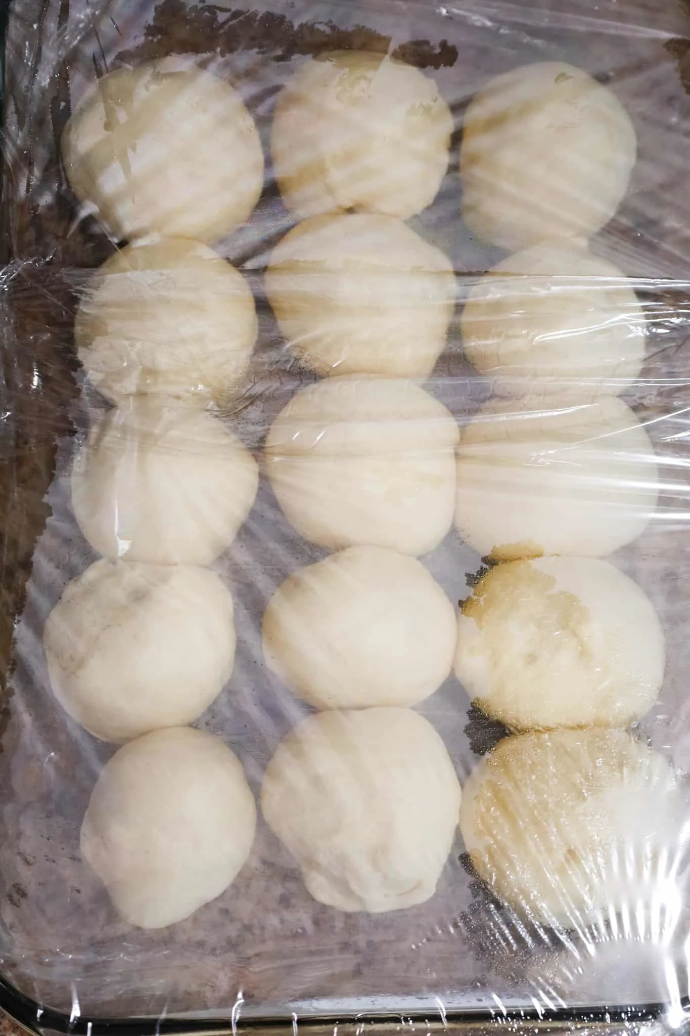 dough balls rising in a baking dish covered in plastic wrap