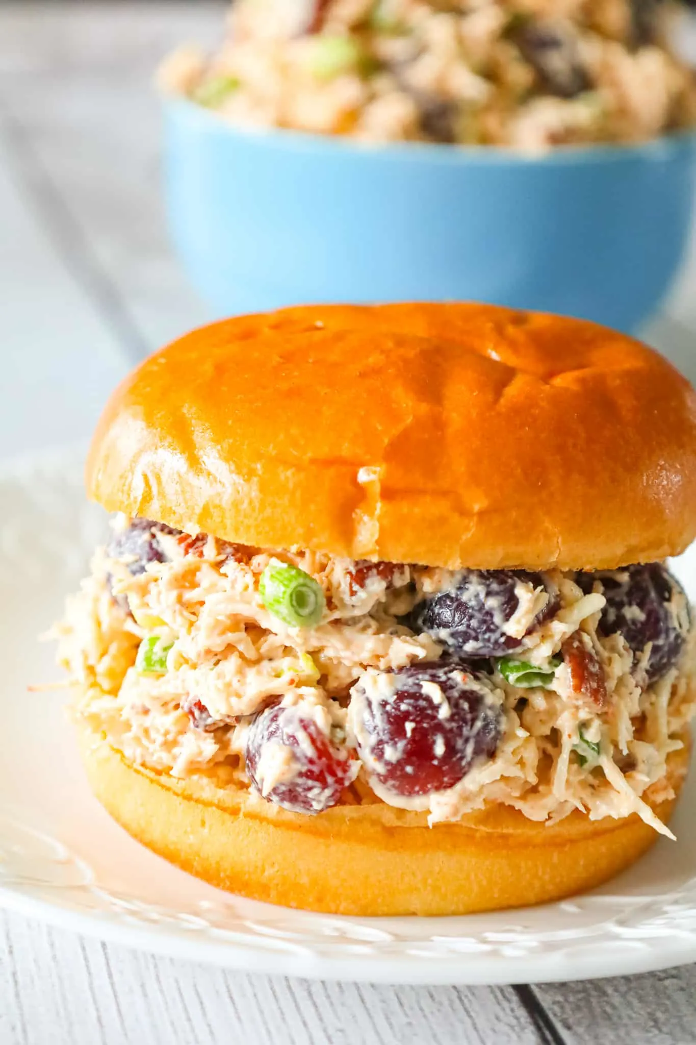 Chicken Salad with Grapes is a delicious lunch or dinner recipe using shredded rotisserie chicken and loaded with mayo, red grapes, pecans, chopped green onion and shredded mozzarella cheese.