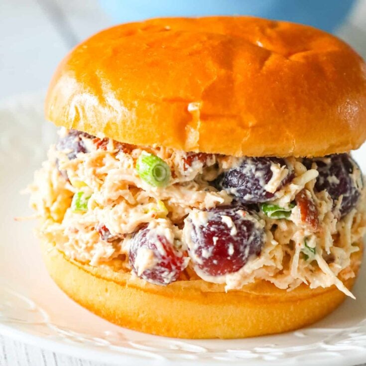 Chicken Salad with Grapes is a delicious lunch or dinner recipe using shredded rotisserie chicken and loaded with mayo, red grapes, pecans, chopped green onion and shredded mozzarella cheese.