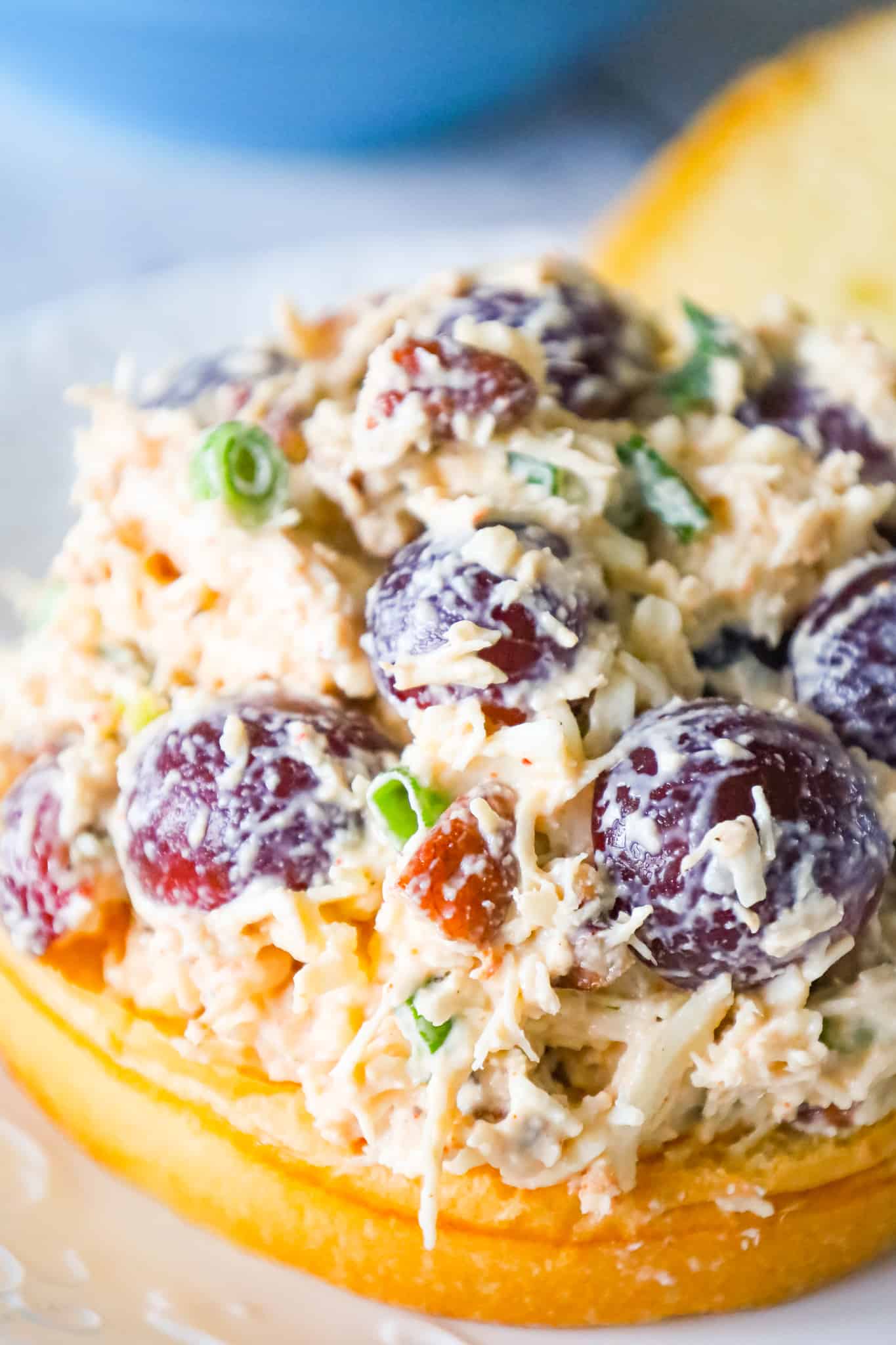 Chicken Salad with Grapes is a delicious lunch or dinner recipe using shredded rotisserie chicken and loaded with mayo, red grapes, pecans, chopped green onion and shredded mozzarella cheese.