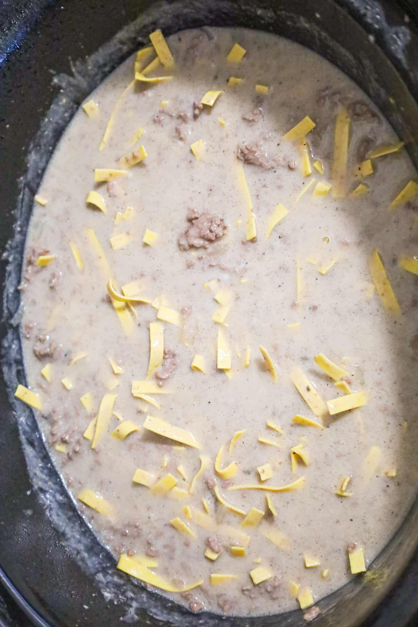 egg noodles in cream of mushroom soup and beef broth mixture in a crock pot