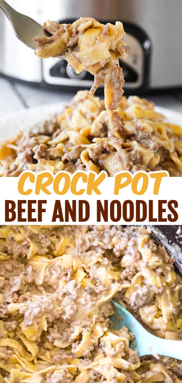 Crock Pot Beef and Noodles is an easy slow cooker dinner recipe loaded with ground beef and egg noodles cooked in a sauce made from beef broth and cream of mushroom soup.