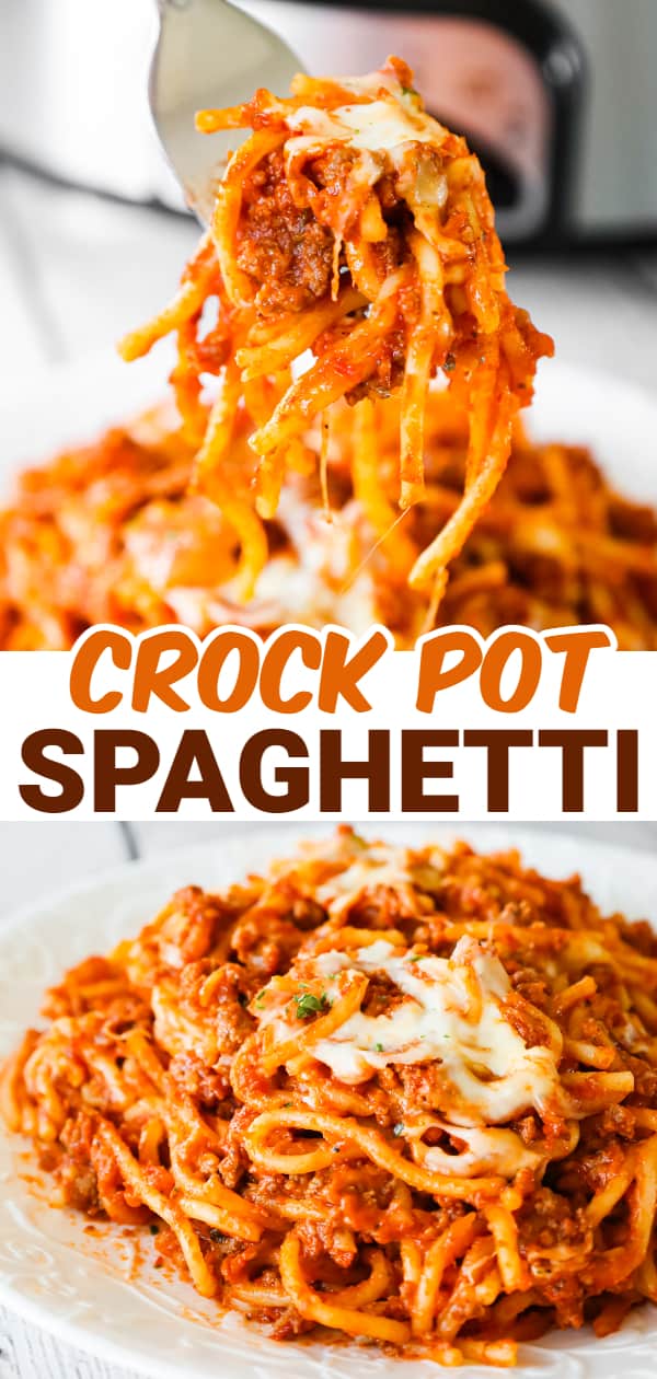 Crock Pot Spaghetti is a hearty slow cooker pasta recipe loaded with ground beef, marinara sauce and cheese.