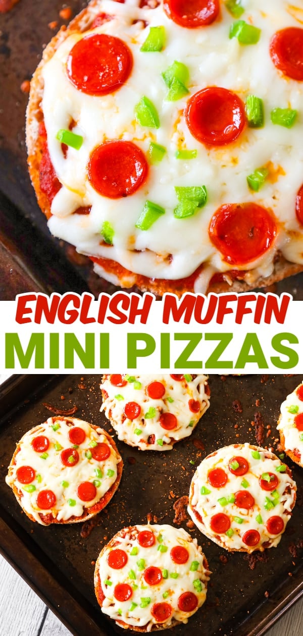 English Muffin Pizzas are an easy dinner recipe made with split English muffins topped with pizza sauce, shredded mozzarella cheese, mini pepperonis and diced green peppers.