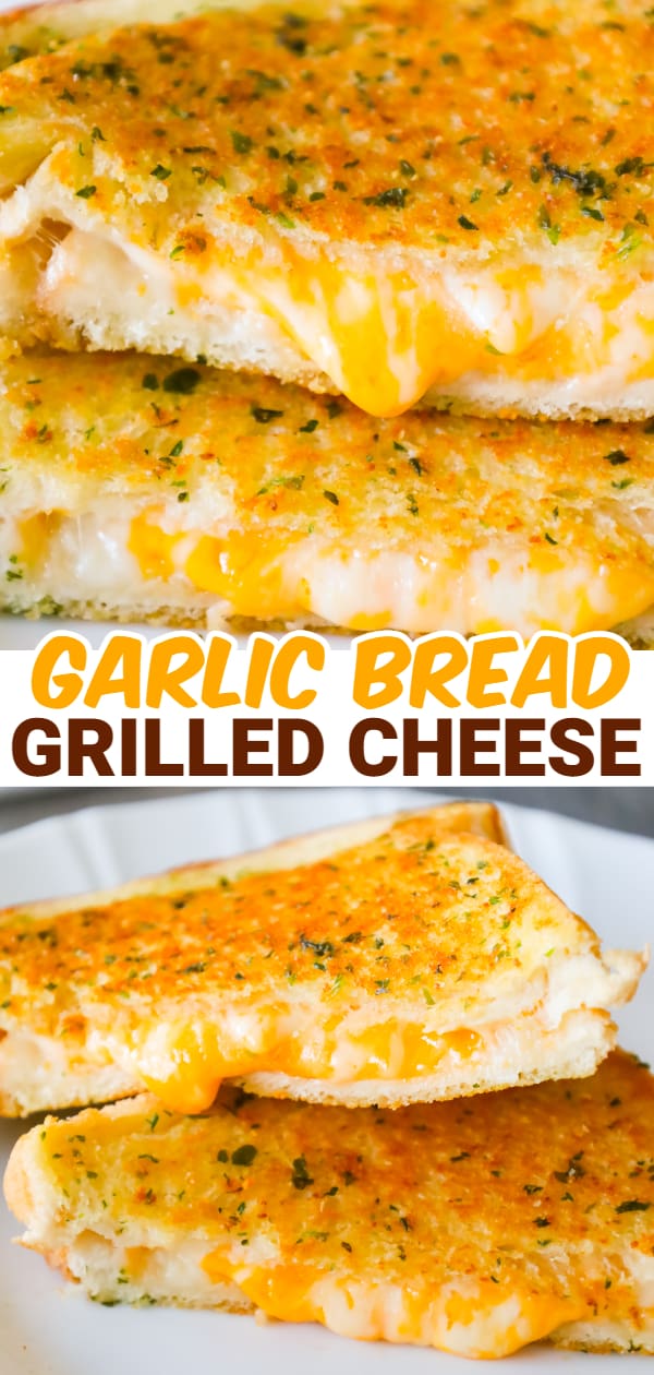 Garlic Bread Grilled Cheese is an easy lunch or dinner recipe with garlic buttered bread filled with gooey mozzarella and cheddar cheese.