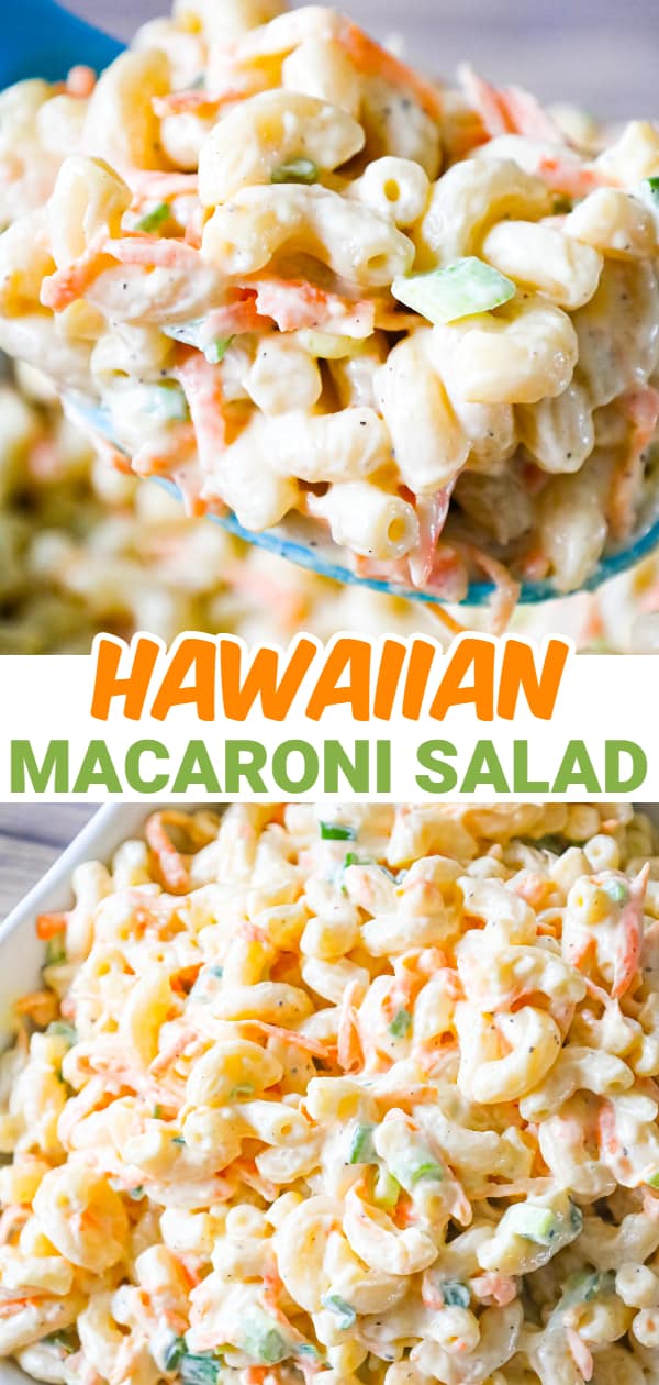 Hawaiian Macaroni Salad is a creamy pasta salad recipe loaded with grated carrots, yellow onion and chopped green onion.