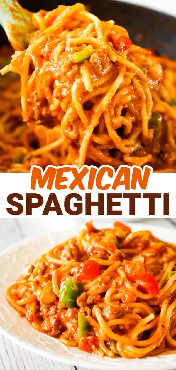 Mexican Spaghetti is a hearty pasta recipe loaded with ground beef, red peppers, green peppers, onions, Rotel diced tomatoes and green chilies, taco seasoning and shredded cheese.